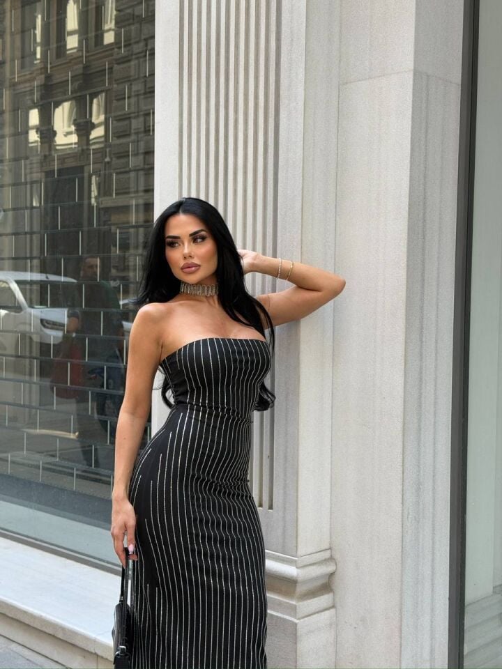 Işıltılı Dikey Çizgili Straplez Maxi Elbise