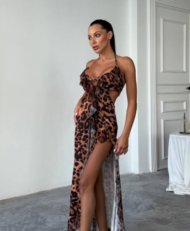 Aura Modist Leopar Desenli Volan Detaylı Asimetrik Elbise