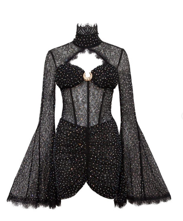 Aura Modist Taş İşlemeli Dantel Detaylı İspanyol Kol Mini Gece Elbisesi