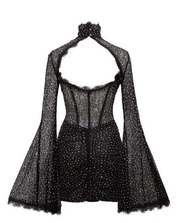 Aura Modist Taş İşlemeli Dantel Detaylı İspanyol Kol Mini Gece Elbisesi