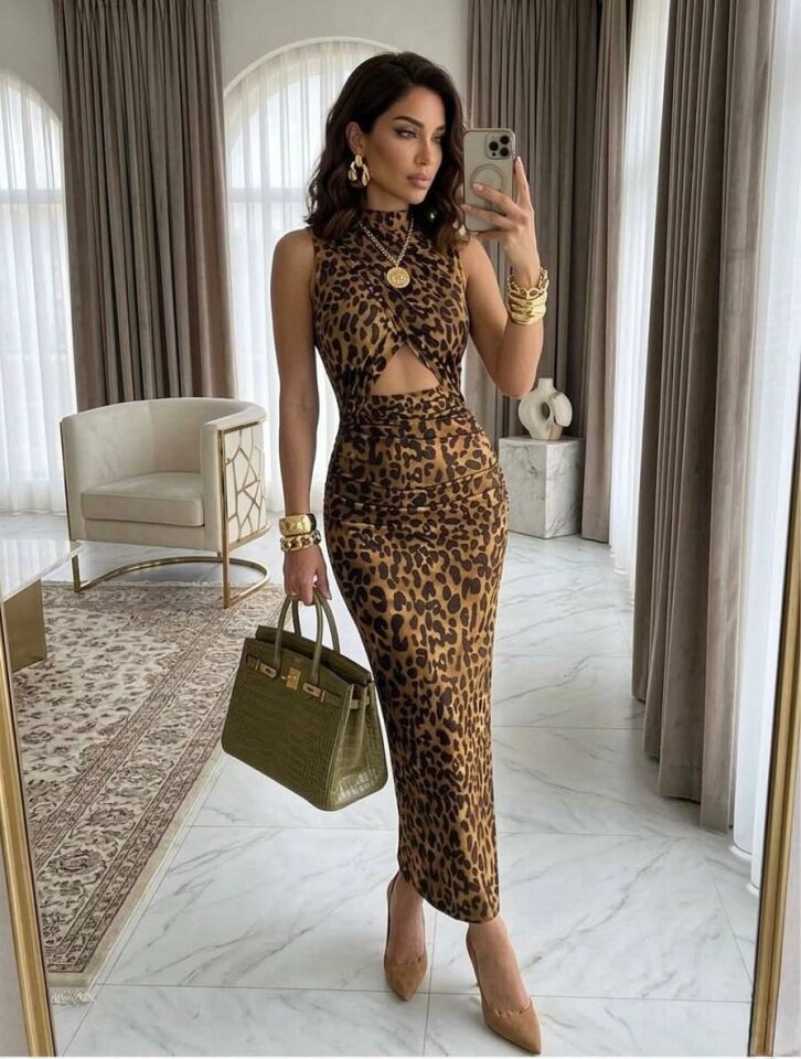 Aura Modist Kadın Leopar Desenli Pencere Detaylı Drapeli Maxi Elbise