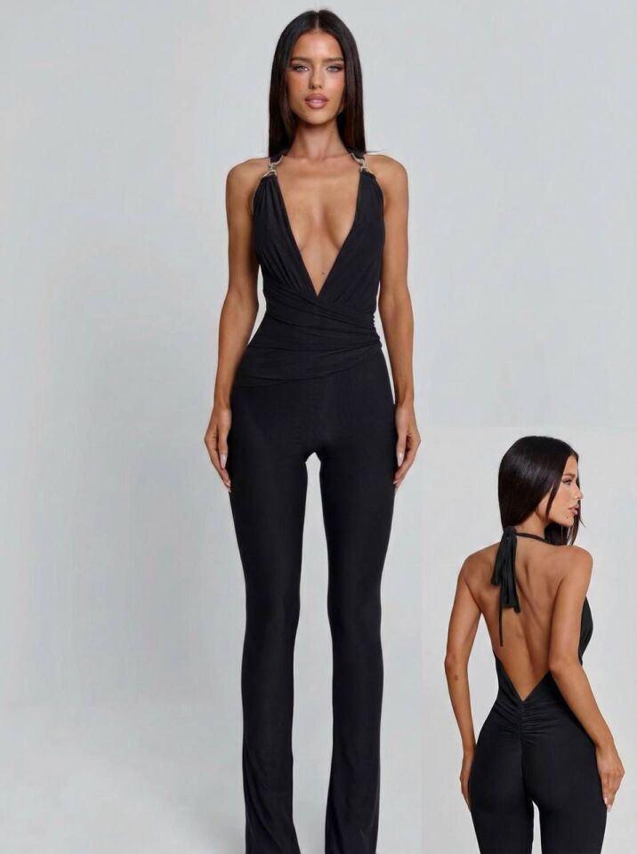 Aura Modist Kadın Boyundan Bağlamalı Derin Dekolteli ve Sırt Detaylı Tulum