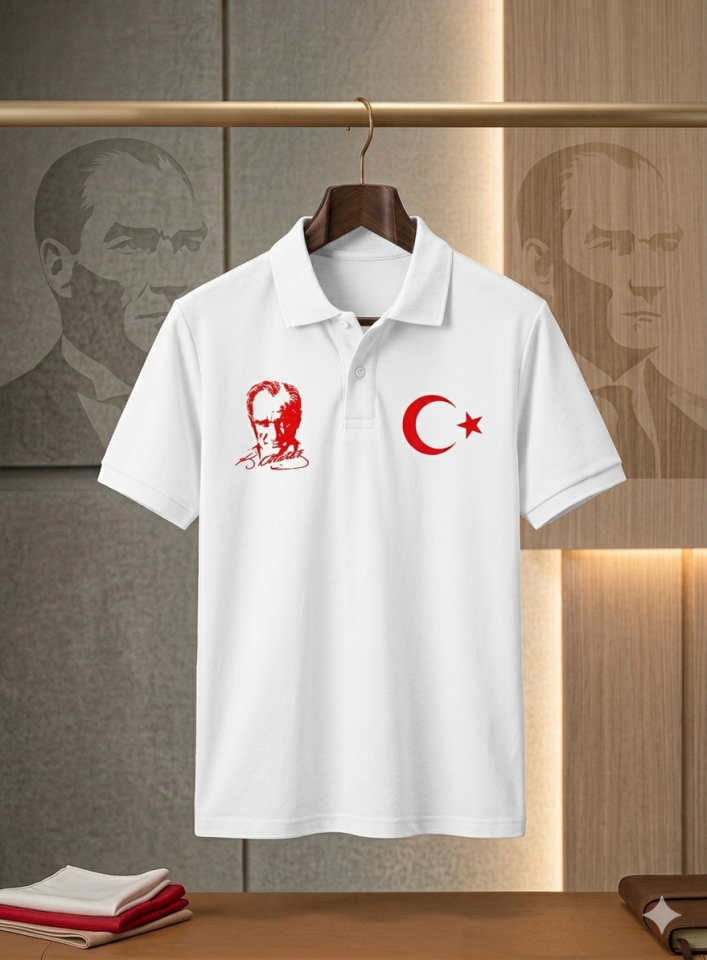AURA MODİST Pamuklu Polo Yaka Atatürk ve Ay Yıldızlı Kırmızı Kısa Kollu 23 Nisan 29 Ekim Tişört