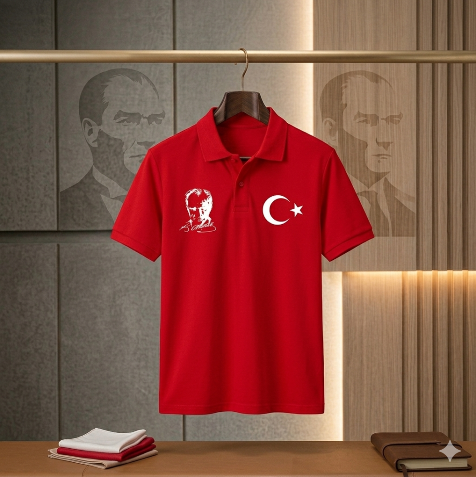 AURA MODİST Pamuklu Polo Yaka Atatürk ve Ay Yıldızlı Kırmızı Kısa Kollu 23 Nisan 29 Ekim Tişört