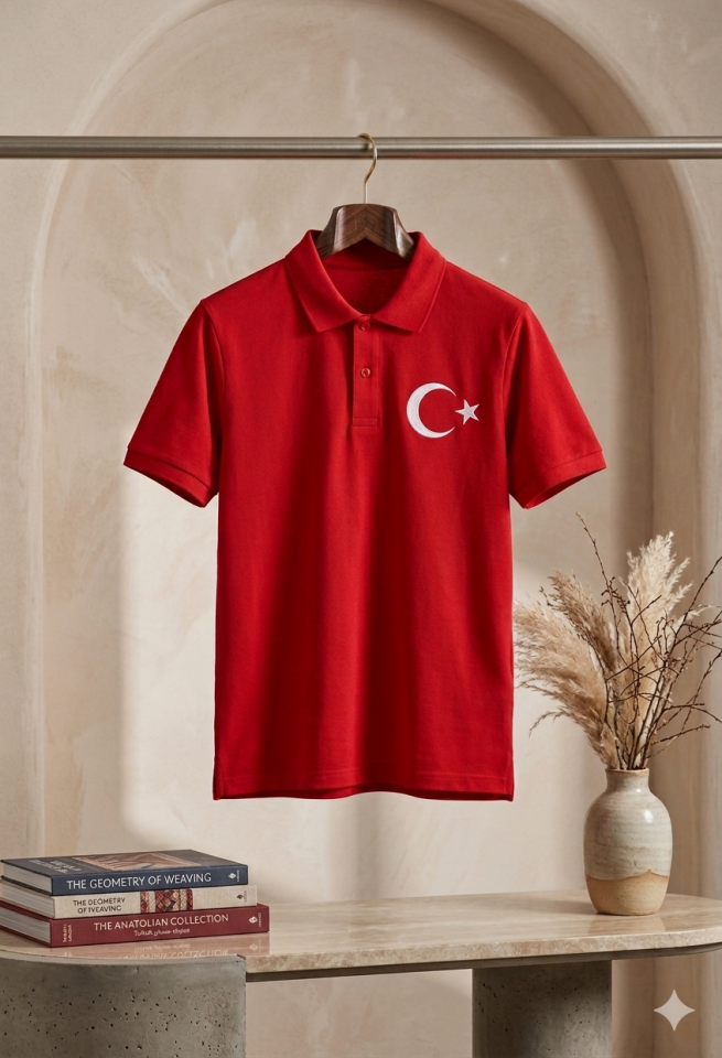 AURA MODİST Pamuklu Polo Yaka Ay Yıldızlı Kırmızı Kısa Kollu 23 Nisan 29 Ekim Tişört
